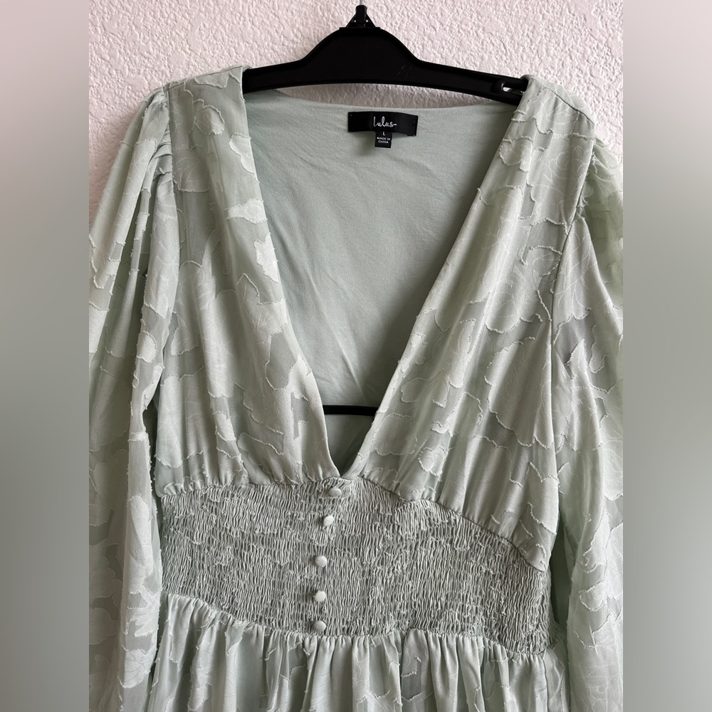 Lulu's Mint Green Long Sleeve Smock Waist Mini Dress - Picture 7 of 15